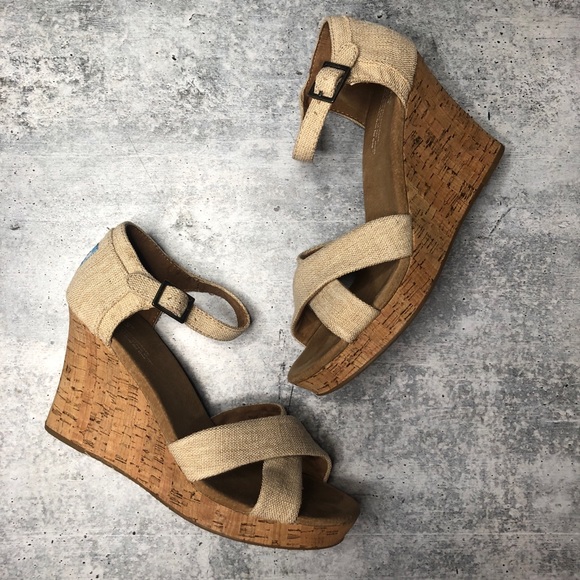 Toms Ankle Strap Tan Cream Canvas Wedge Heels - Picture 1 of 7
